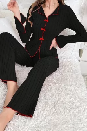 Kadın Siyah Kırmızı Biyeli ve Fiyonklu Uzun Kollu Mevsimlik Pijama Takımı