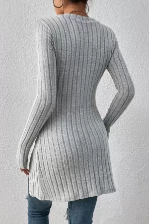 Kadın Gri Düğme Detaylı Kare Yaka Fitilli Asimetrik Etekli Uzun Kollu Bluz