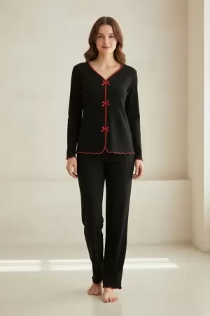 Premium Kadın 4’lü Fitilli Set – Siyah Kırmızı Biyeli (Pijama Üst, Pantolon, Bikini Takımı)