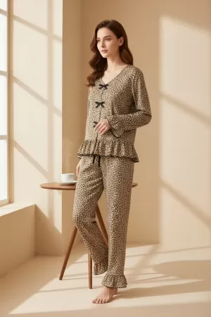 Kadın Uzun Kollu Leopar Desenli Fiyonklu Ev Giyim Pijama Takımı