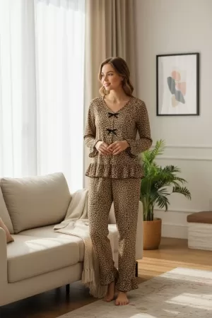 Kadın Uzun Kollu Leopar Desenli Fiyonklu Ev Giyim Pijama Takımı