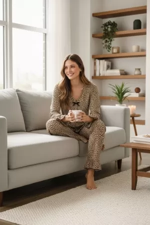 Kadın Uzun Kollu Leopar Desenli Fiyonklu Ev Giyim Pijama Takımı