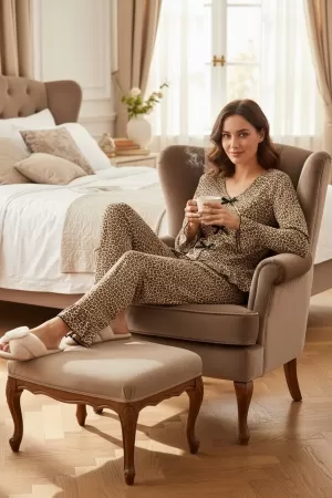 Kadın Uzun Kollu Leopar Desenli Fiyonklu Ev Giyim Pijama Takımı