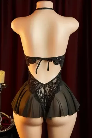 Kadın Dantel ve Tül Detaylı Derin V Yaka Teddy Gecelik