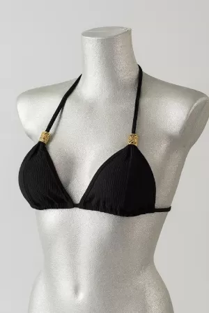 Kadın Siyah Pedli Üçgen Bikini Üstü Halter Bağlamalı Aksesuarlı