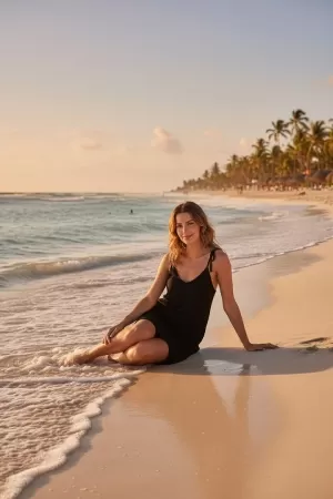 Kadın Siyah Asimetrik Kesim V Yaka Plaj Elbisesi