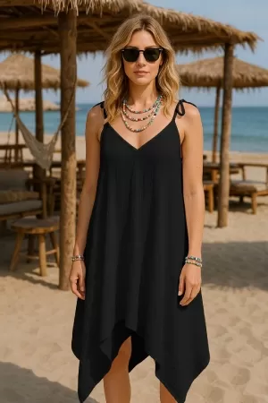 Kadın Siyah Asimetrik Kesim V Yaka Plaj Elbisesi